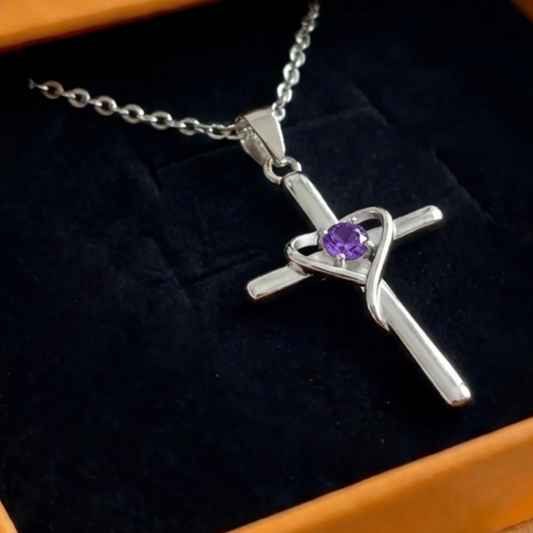 Amethyst Center Cross Necklace | White Gold