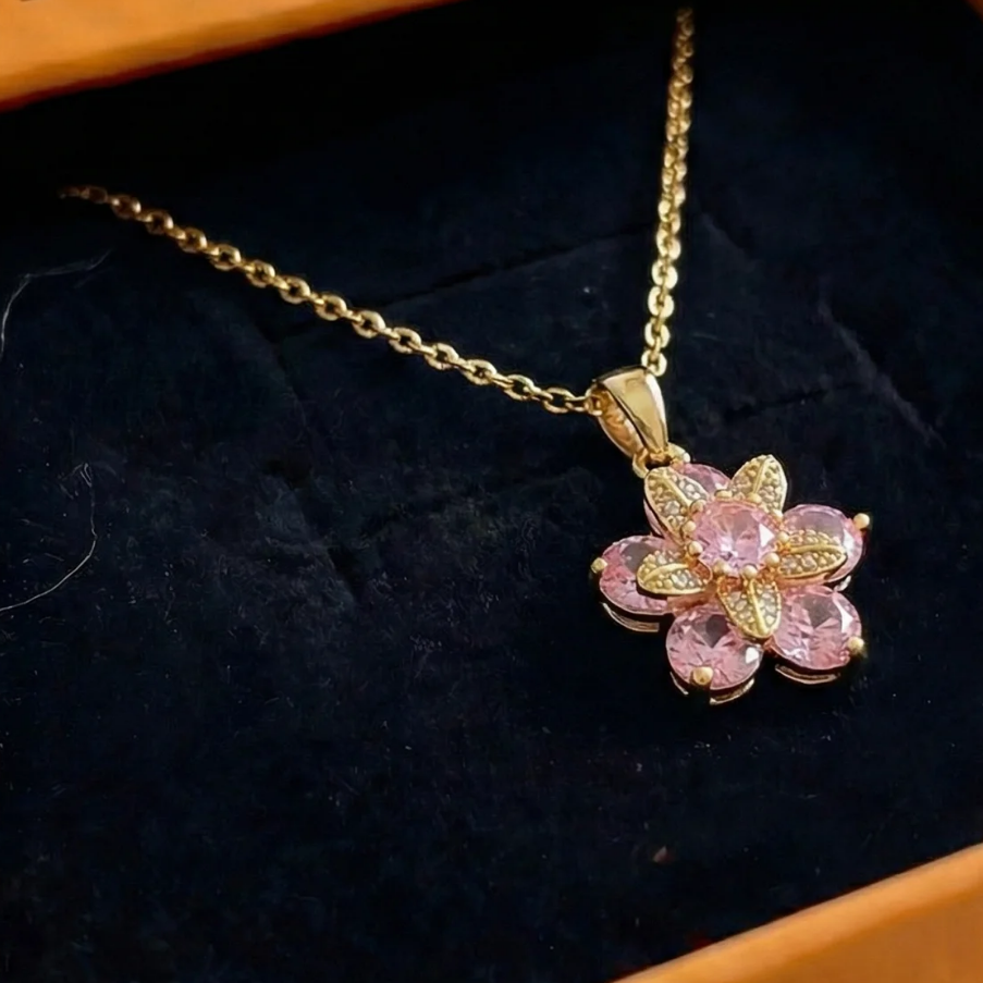 Amorea Pink Flower Necklace | Gold