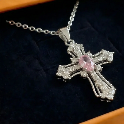 Celestial Pink Cross Necklace | White Gold