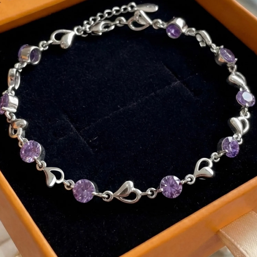 Heart Charm Amethyst Bracelet | White Gold
