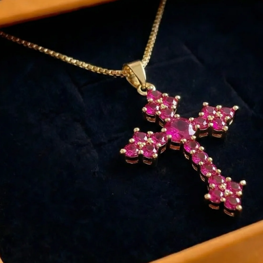Pink Cluster Cross Necklace | Gold