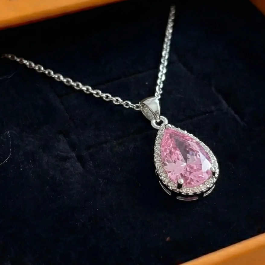 Pink Teardrop Necklace | White Gold