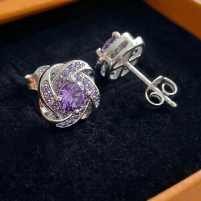 Purple Crystal Knot Earrings | White Gold