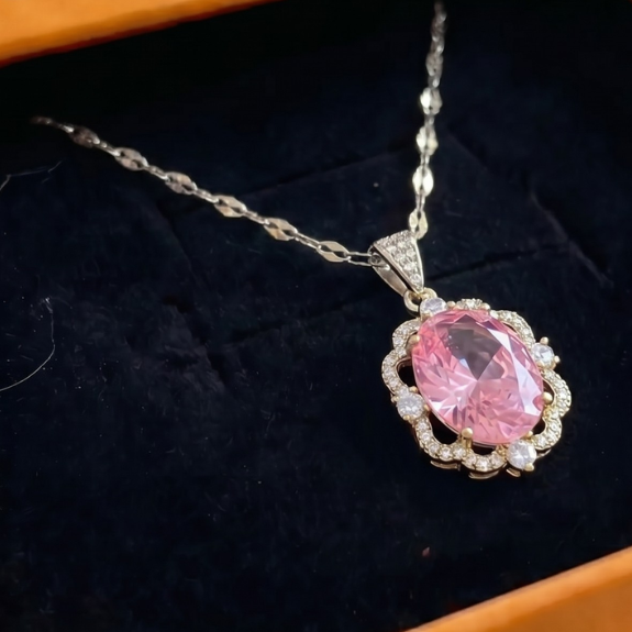 Rose Oval Crown Halo Necklace | White Gold
