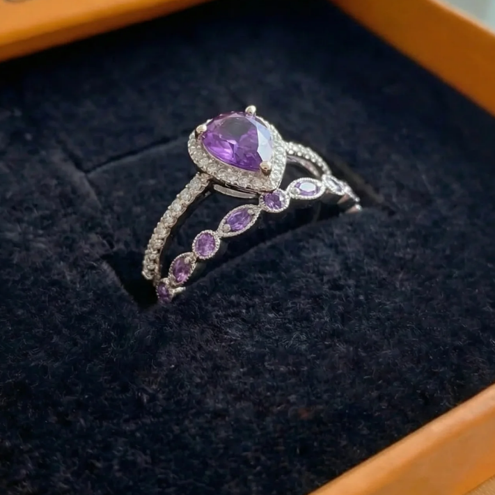 Teardrop Amethyst Ring Set | White Gold